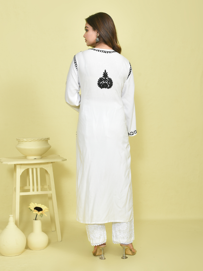 White Chikankari Embroidered Linen Kurta with Cotton Pants - Image 4
