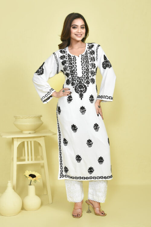 White Chikankari Embroidered Linen Kurta with Cotton Pants