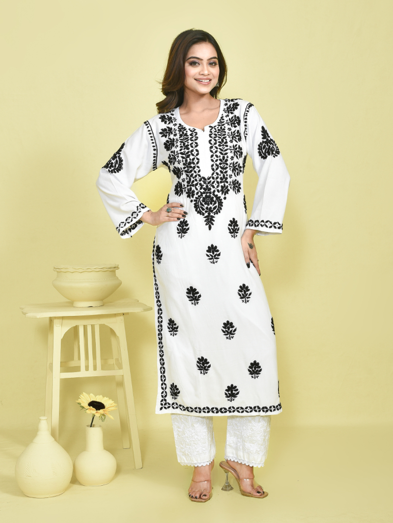White Chikankari Embroidered Linen Kurta with Cotton Pants