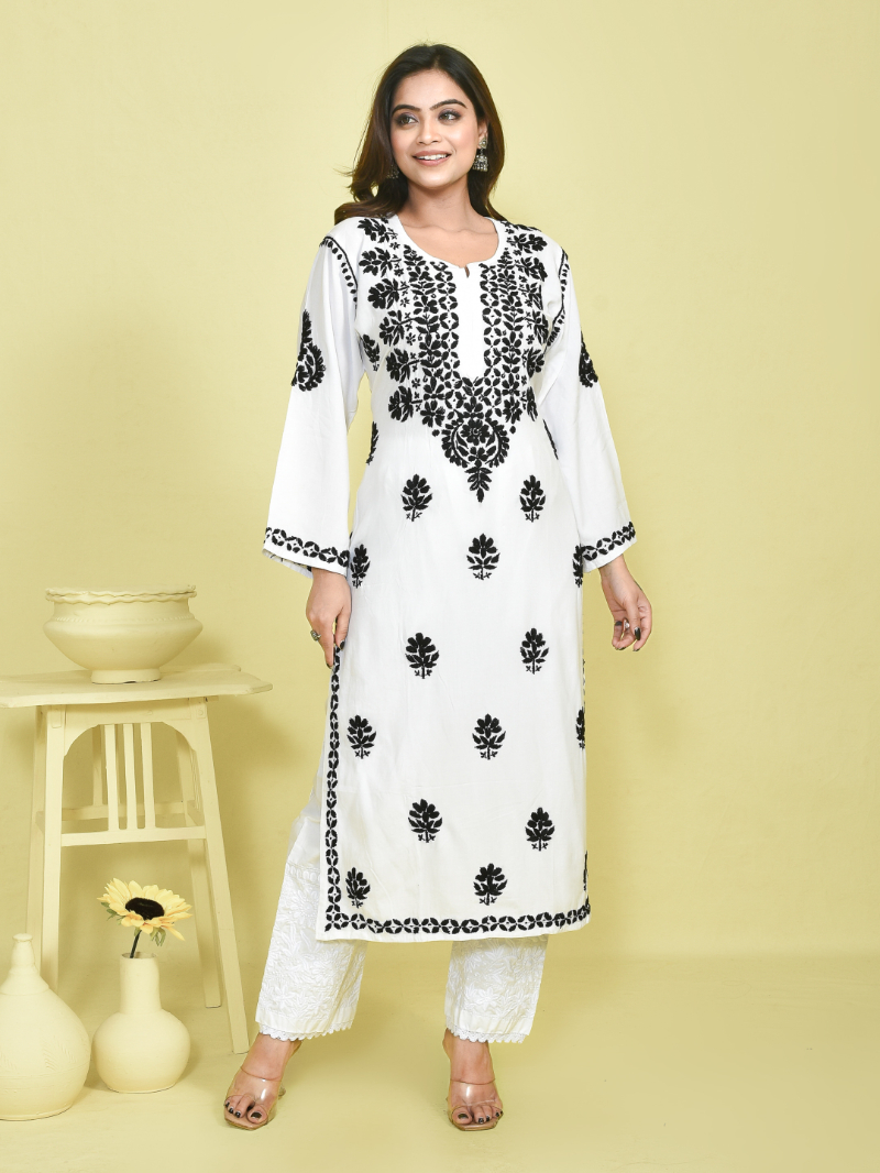 White Chikankari Embroidered Linen Kurta with Cotton Pants - Image 2